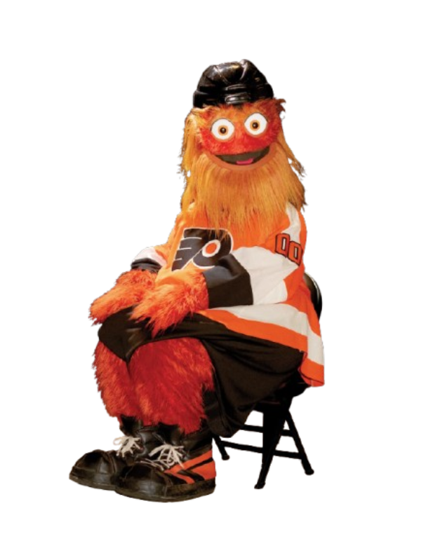 Gritty sitting on a chair